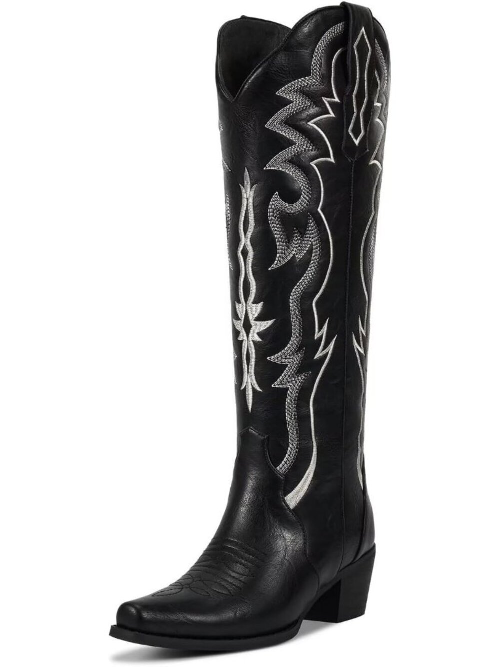 Women's Black Faux Leather Pull On Embroidered Cowgirl Cowboy Knee High Boots
